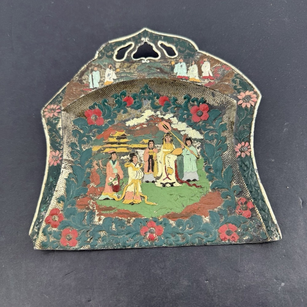 Vintage Ornate Asian Crumb Catcher Silent Butler Painted Metal Floral Wall Hang
